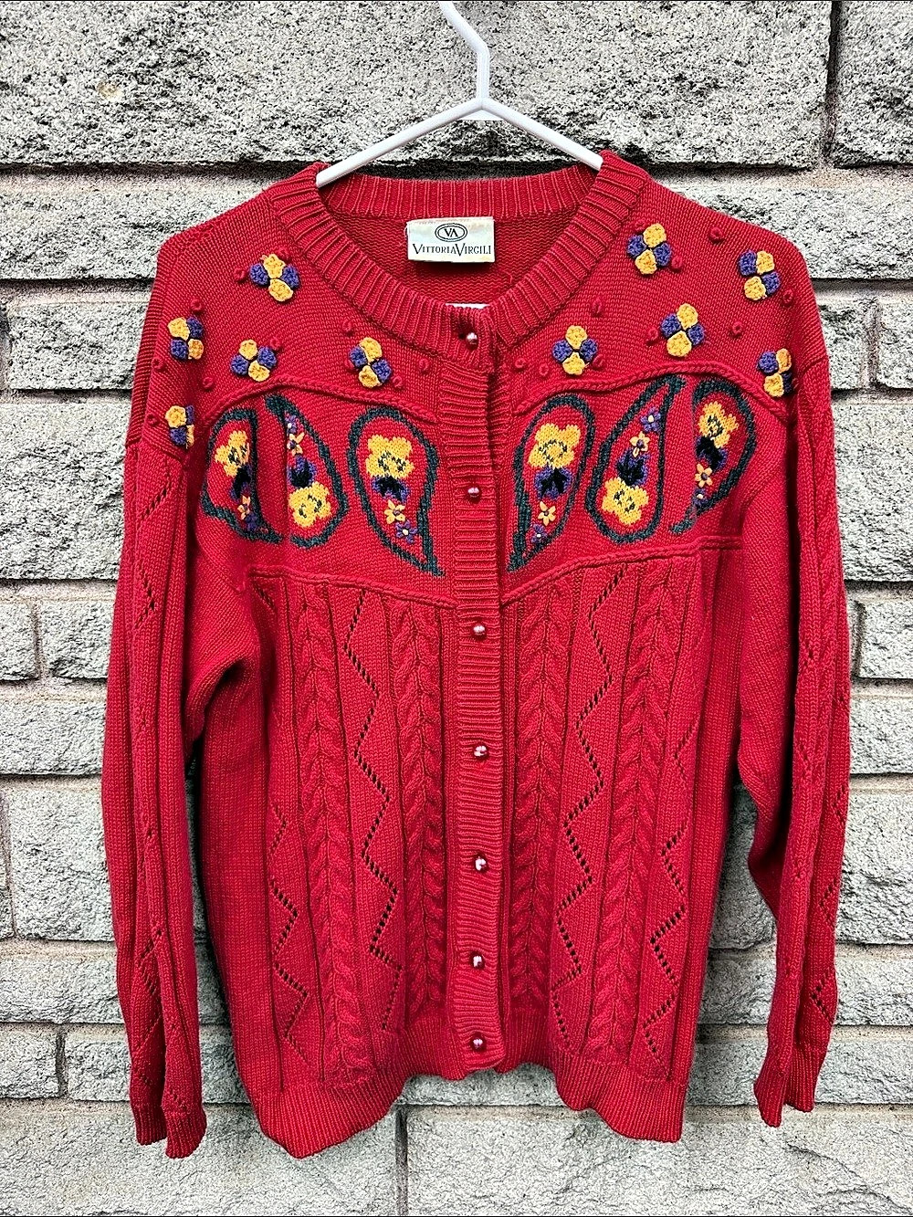 Vintage Vittoria Virgili Red Embroidered Paisley Cable Knit Cardigan P2P 21”